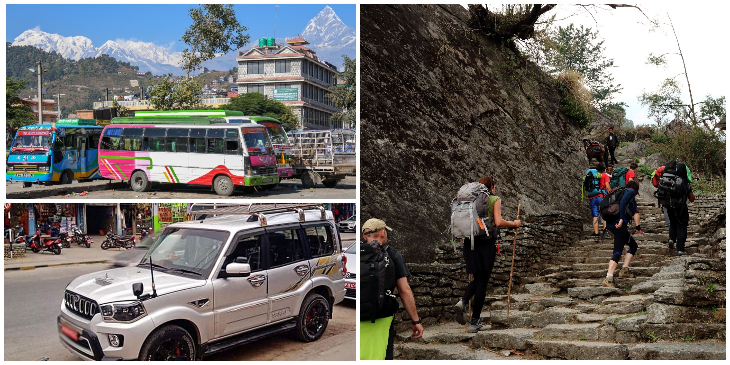 A local jeep and bus traveling on the mountain road toward the Poon Hill Trek starting point, surrounded by green hills and scenic Annapurna landscapes.