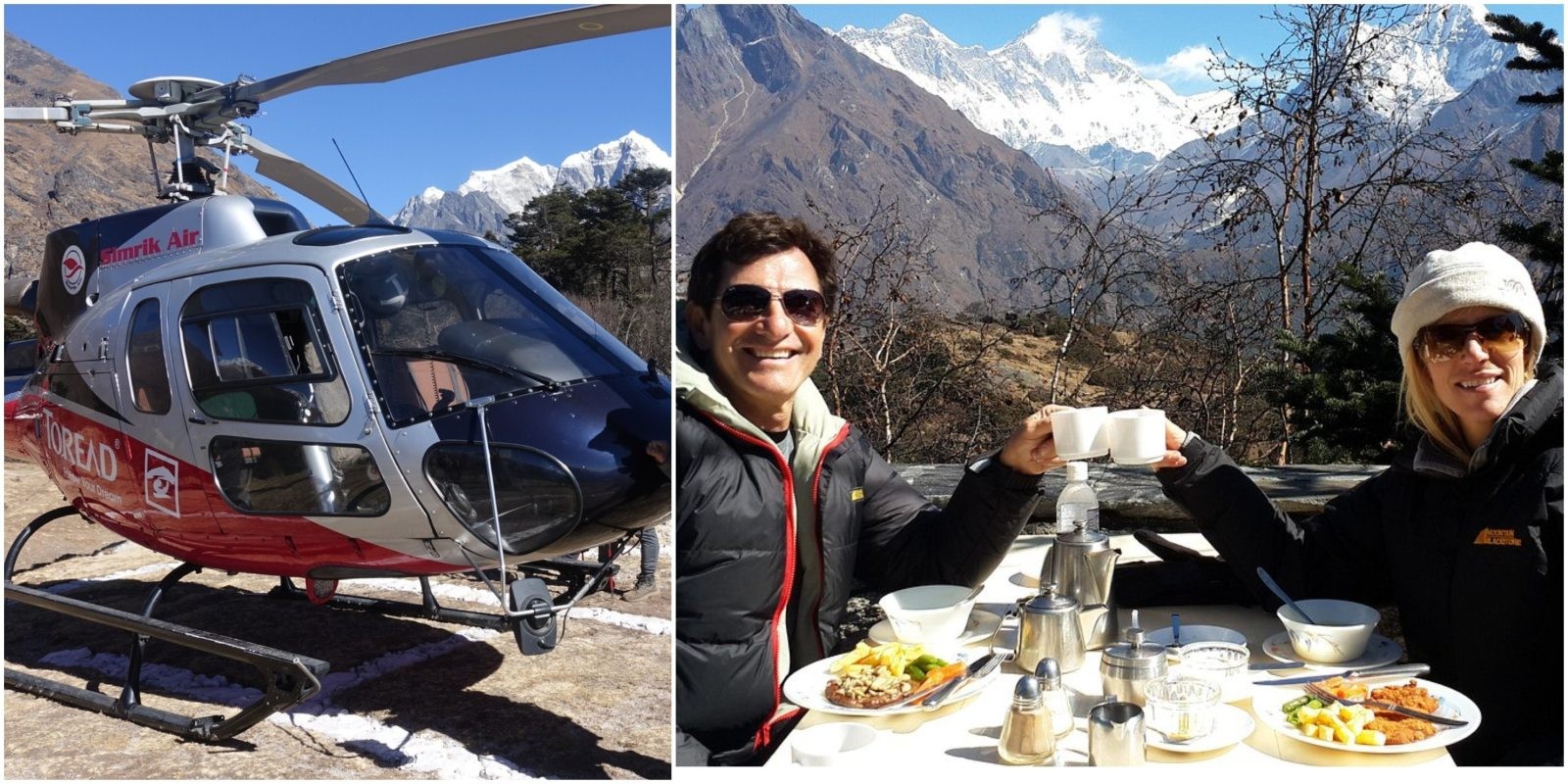 Everest Base Camp Helicopter Tour landing at the Everest View Hotel for breakfast with stunning views of Mount Everest, Ama Dablam, Lhotse, Nuptse, and the Himalayan mountains.