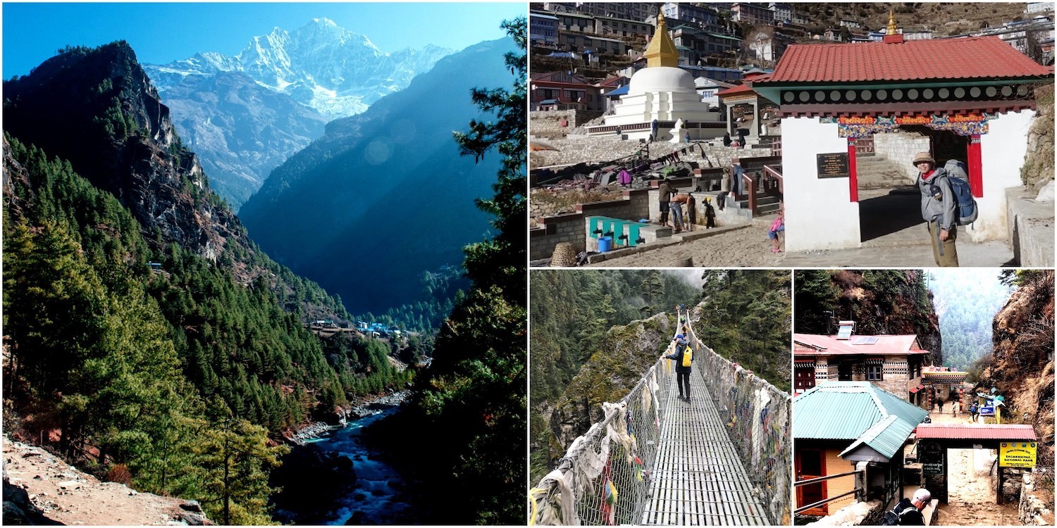 Collage of the Everest Base Camp trekking route from Lukla featuring the Dudh Koshi Valley, Namche Bazaar entrance, Hillary Suspension Bridge, and Sagarmatha National Park gateway in Nepal."