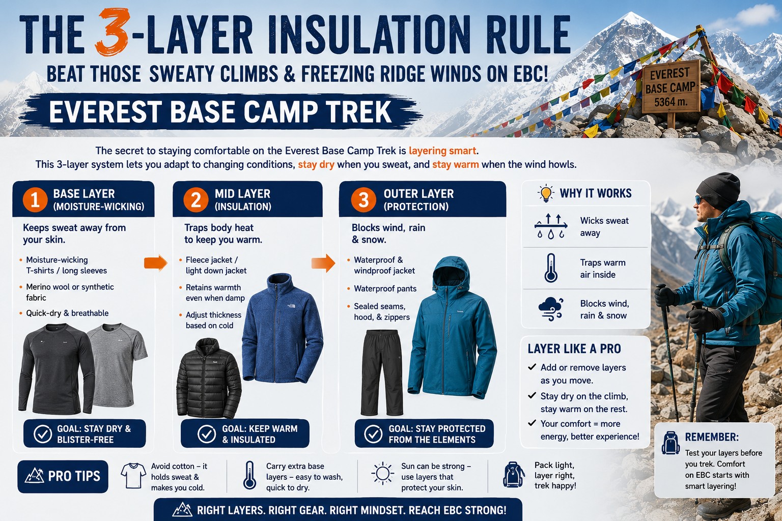 Everest Base Camp trek clothing layers displayed in sequence, showing a moisture-wicking base layer, insulating fleece or down jacket, and waterproof outer shell designed for changing Himalayan weather conditions.
