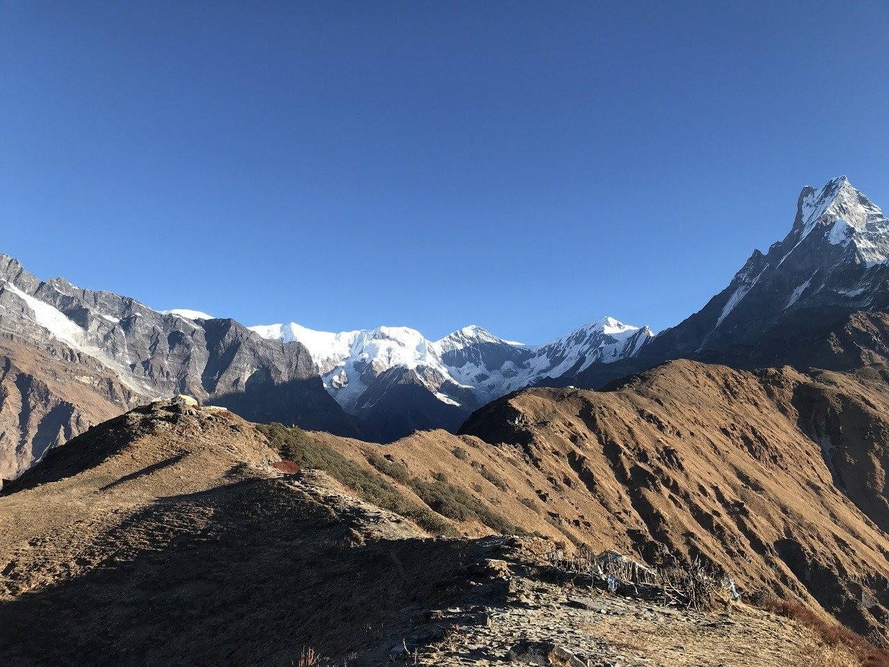 Panoramic view of Machhapuchhre (Fishtail), Gangapurna, Annapurna III, and the Himalayan ridge from the Mardi Himal Trek in Nepal.