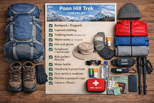  trekking backpack packed with essential gear including waterproof jacket, hiking boots, warm clothing, sleeping bag, trekking poles, gloves, hat, water bottle, first aid kit, and rain cover for a Himalayan trek in Nepal