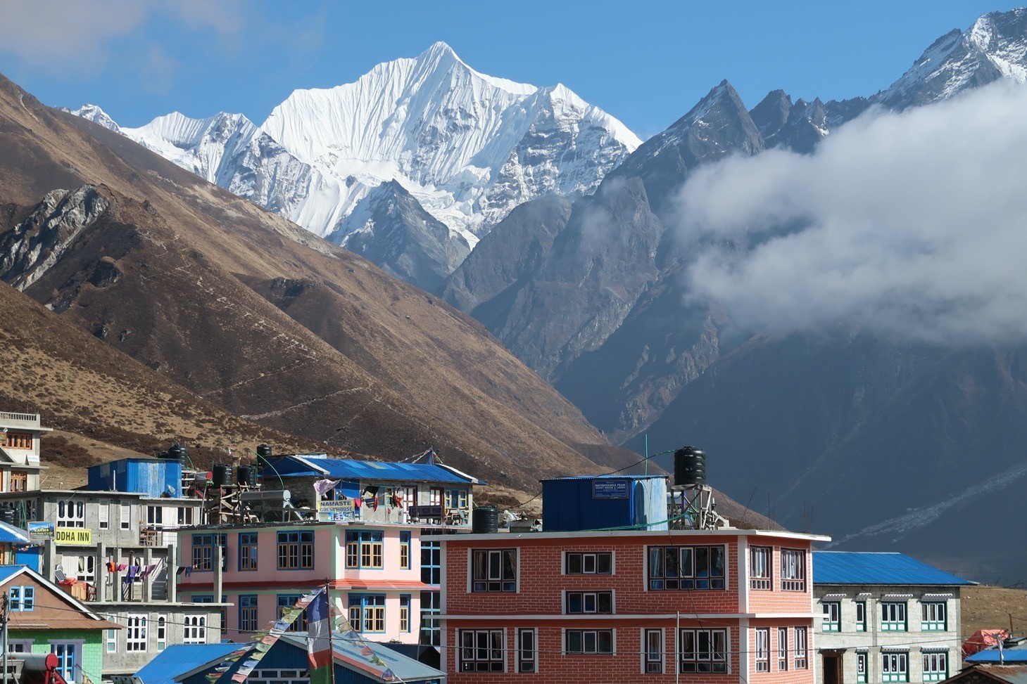 Mountain lodge on a Himalayan trekking trail in Nepal.