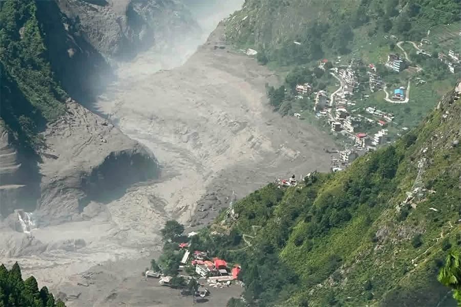 August 26, 2026 flood damage in Syabrubesi, affecting the main access road to the Langtang Valley trekking region.