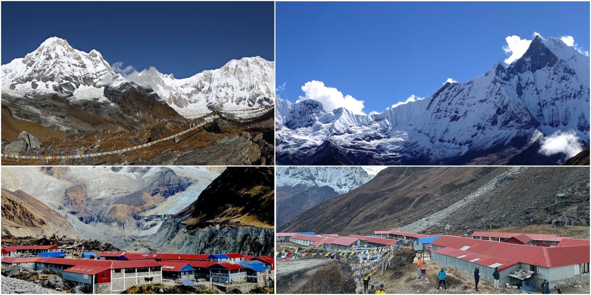 Annapurna Base Camp Trek with panoramic views of snow-capped Himalayan peaks, glaciers, prayer flags, and mountain lodges in the Annapurna Sanctuary.