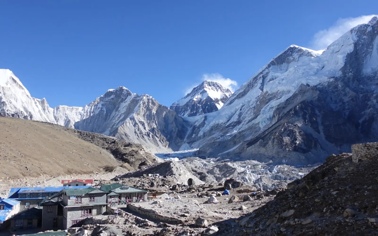 "Clear mountain landscape in the Everest region during the best trekking season for the Everest Base Camp Overland Trek, featuring blue skies and snow-capped Himalayan peaks."