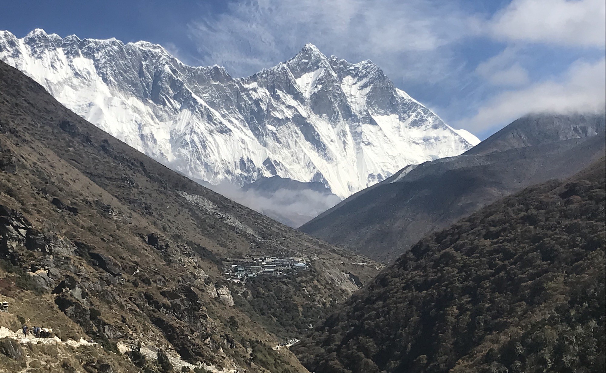 Trekkers following the Imja River Valley from Tengboche to Dingboche with snow-capped Himalayan peaks in Nepal.