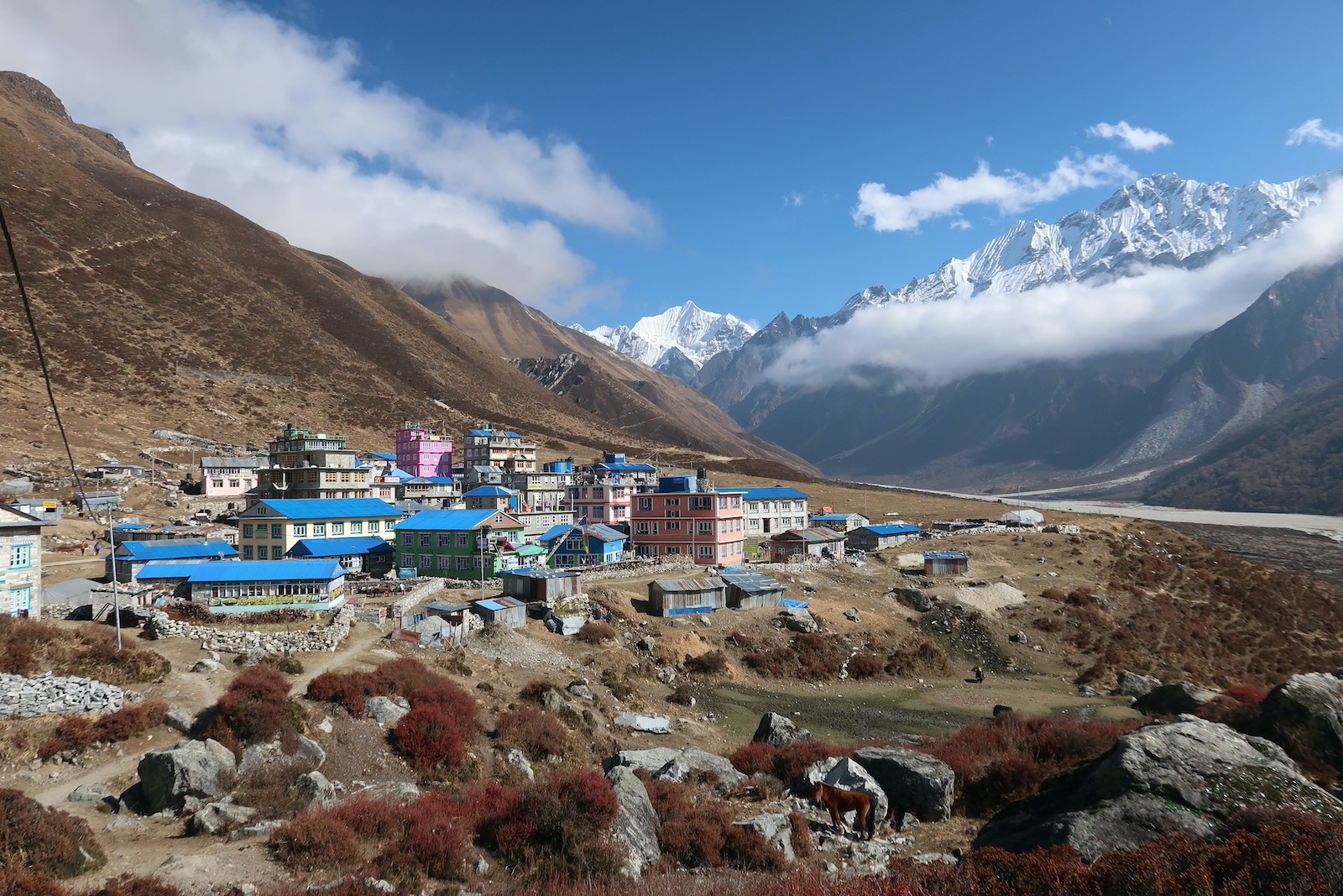 Open valley near Kyanjin Gompa with trekkers walking beneath towering Himalayan peaks in Langtang Valley.