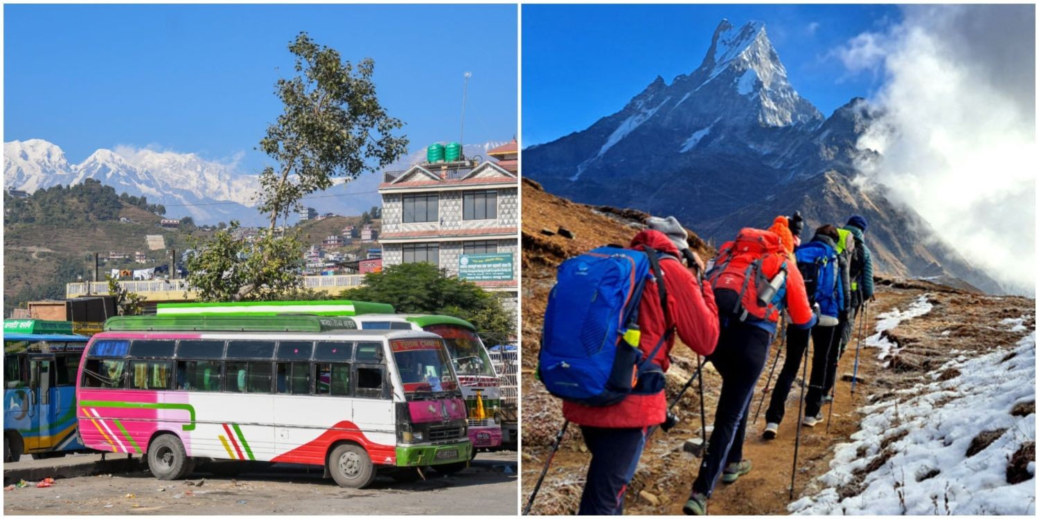 Jeep and local bus access to the Mardi Himal Trek trailhead with trekkers beginning the hike in Nepal.