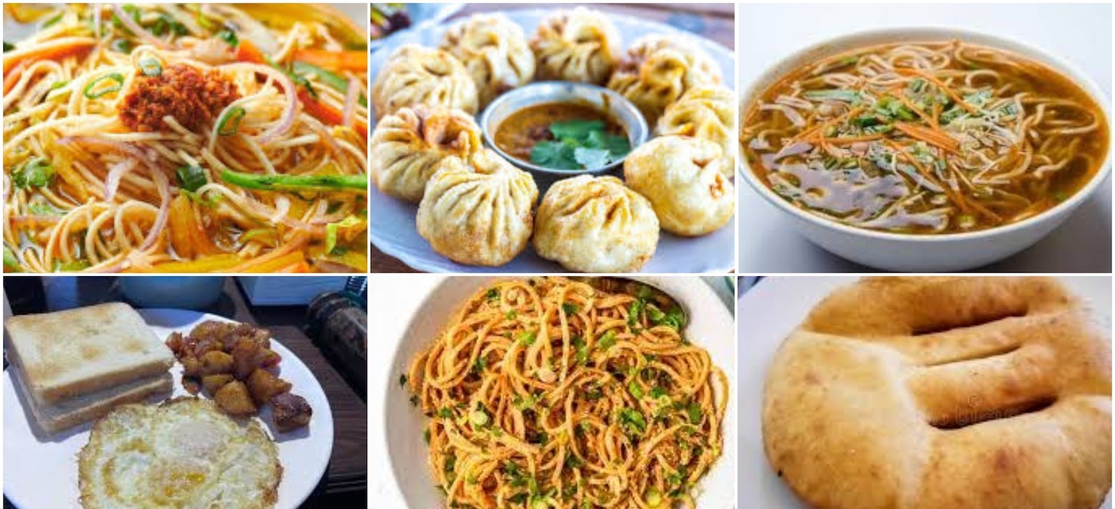 "Traditional mountain food served in an Everest Region teahouse including Dal Bhat, momos, noodles, soup, and hot tea during trekking in Nepal." 