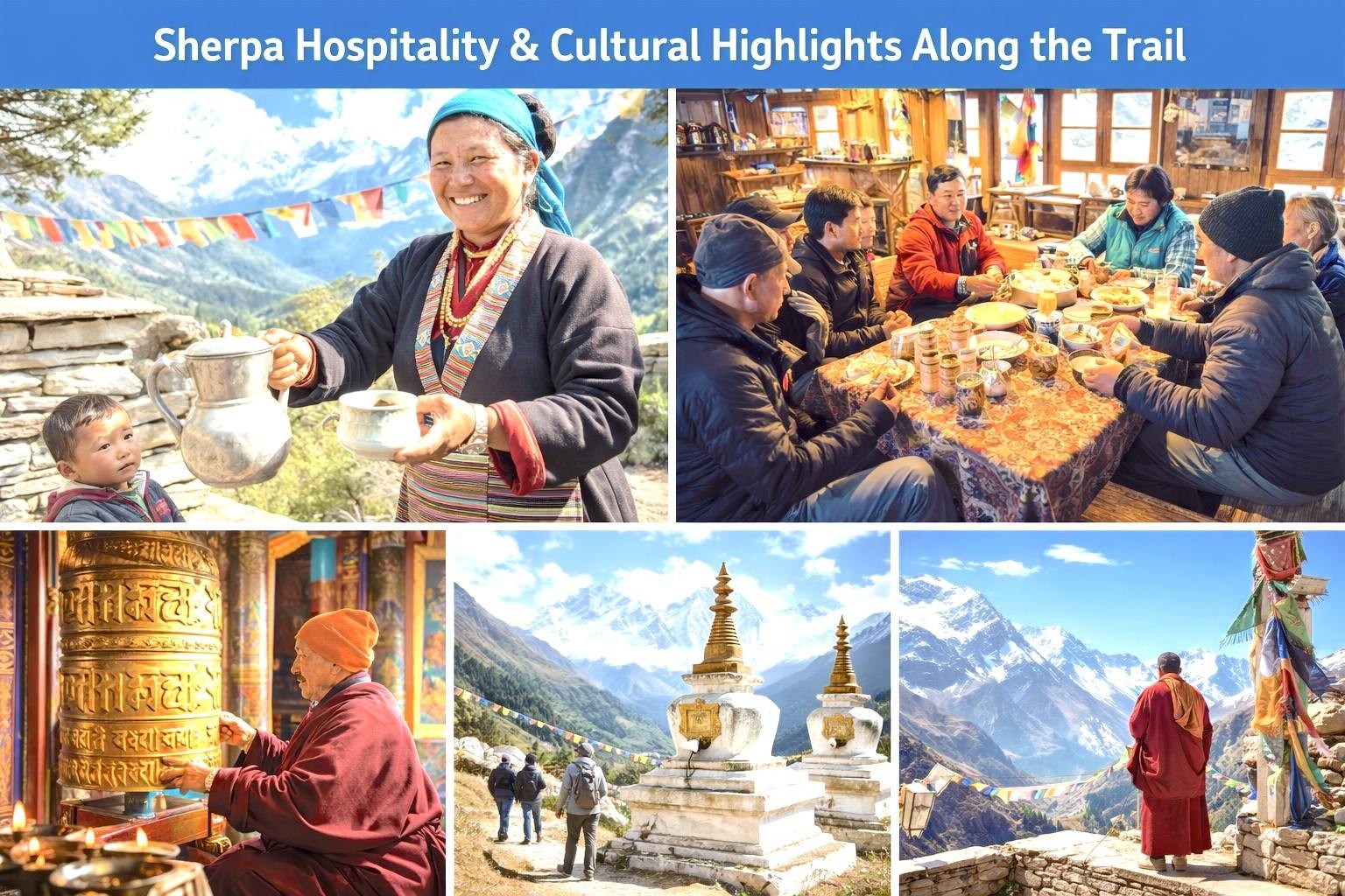 Sherpa people welcoming trekkers with warm hospitality in a traditional Himalayan village, featuring colorful prayer flags, stone houses, Buddhist monasteries, and stunning mountain scenery on the Everest Base Camp Trek.