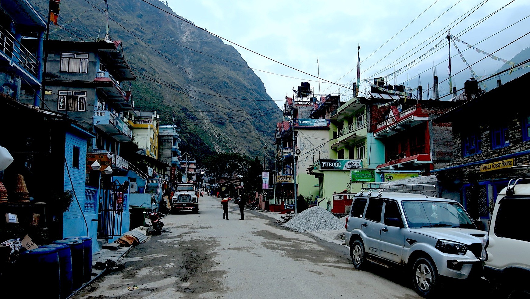 Syabrubesi village surrounded by lush green hills and mountain landscapes, serving as the gateway to the Langtang Valley Trek.