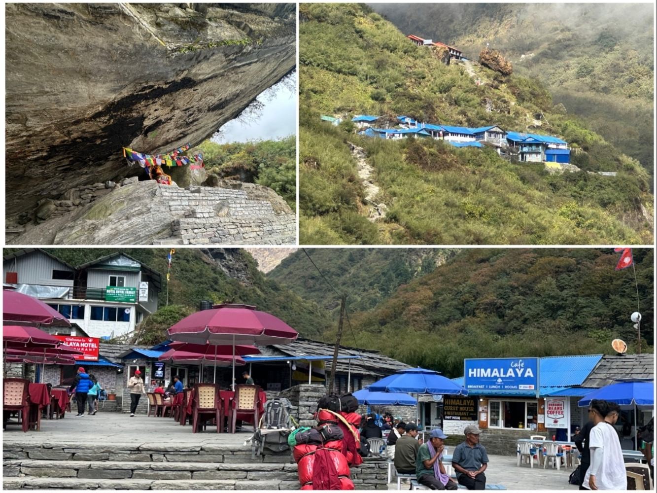 Mountain teahouse at Himalaya on the Annapurna Base Camp trail, surrounded by dense forest and rugged Himalayan terrain.