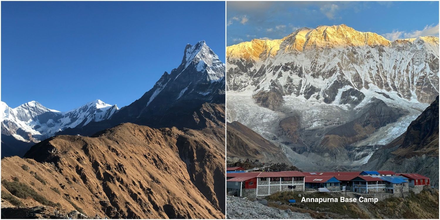 Annapurna Base Camp surrounded by snow-covered Himalayan peaks and glaciers in Nepal.