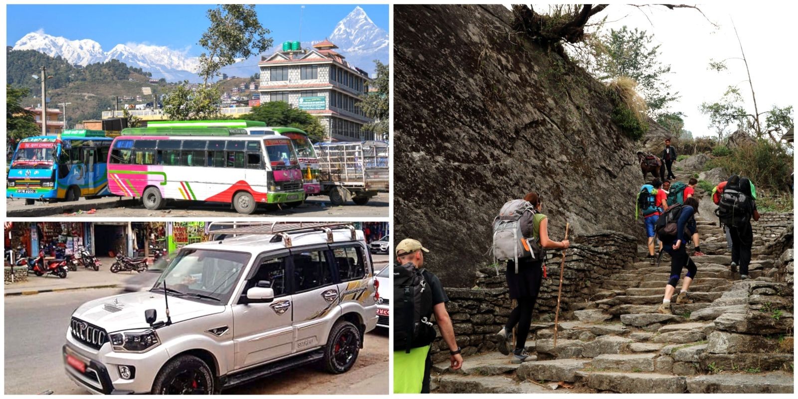 A local jeep and bus traveling on the mountain road toward the Poon Hill Trek starting point, surrounded by green hills and scenic Annapurna landscapes.