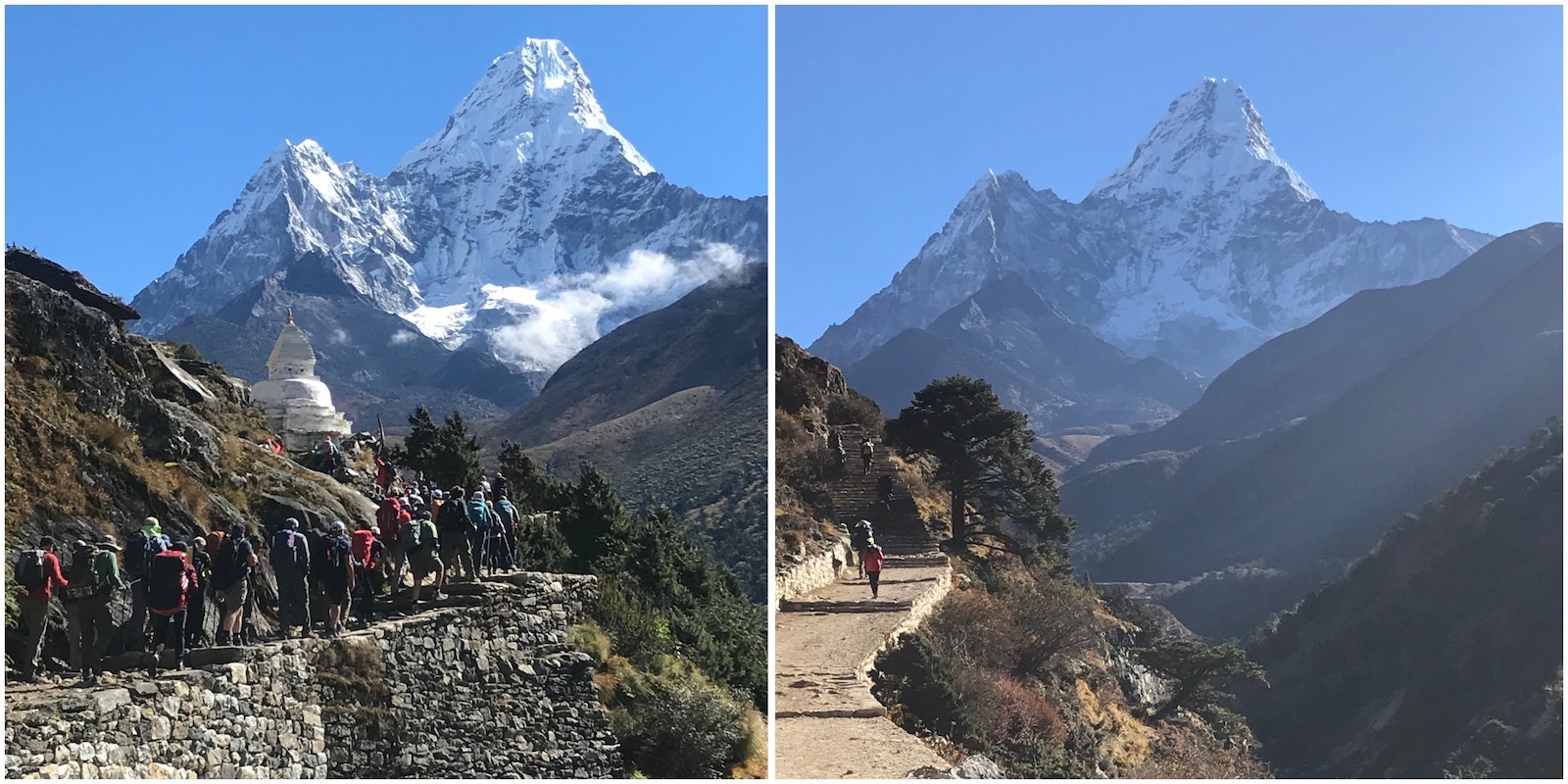 "Large group of trekkers walking on a busy Himalayan trekking trail during Nepal’s peak trekking season, showing crowded paths and popular Everest Base Camp trekking conditions" Photo