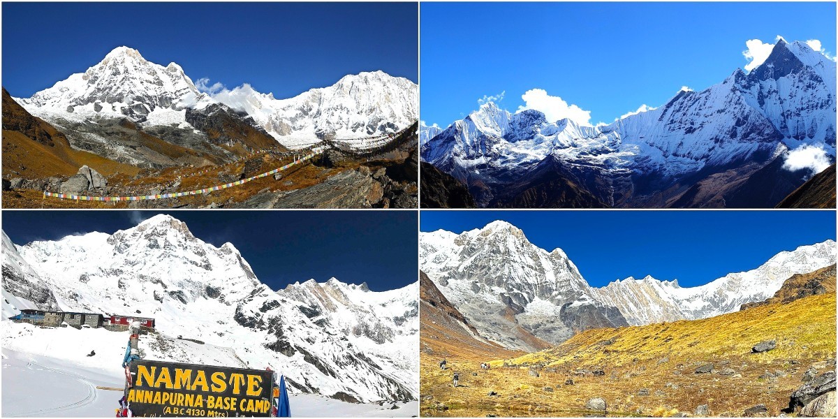 Annapurna Base Camp during autumn with clear skies, golden sunlight, and spectacular views of the snow-capped Annapurna peaks.