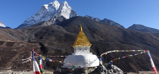 "Dingboche Valley with expansive alpine meadows, traditional stone-walled fields, snow-capped Himalayan peaks, and dramatic mountain landscapes on the Everest Base Camp Trek"