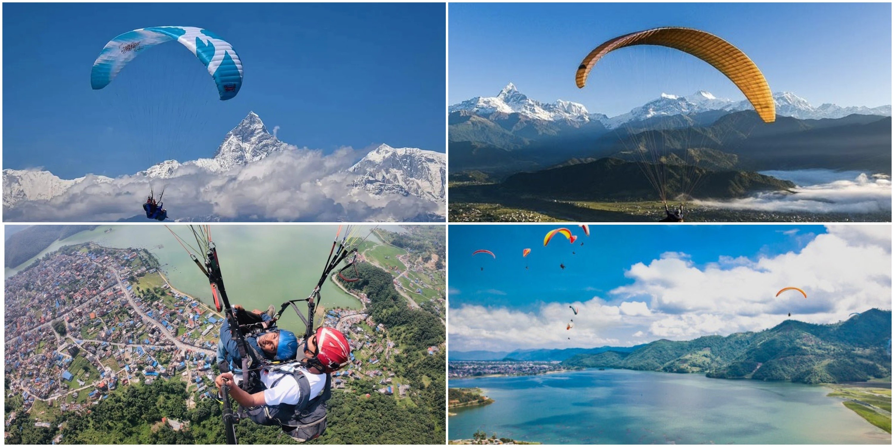 Scenic view of Pokhara with Phewa Lake, colorful boats, the Annapurna mountain range, and the World Peace Pagoda under a clear blue sky in Nepal.