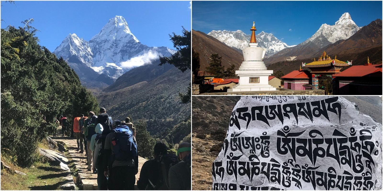 Collage of the Everest Base Camp Trek featuring trekkers hiking toward Ama Dablam, the historic Tengboche Monastery with Everest and Ama Dablam in the background, and a traditional Mani stone, showcasing the spiritual and scenic highlights of the Khumbu region.