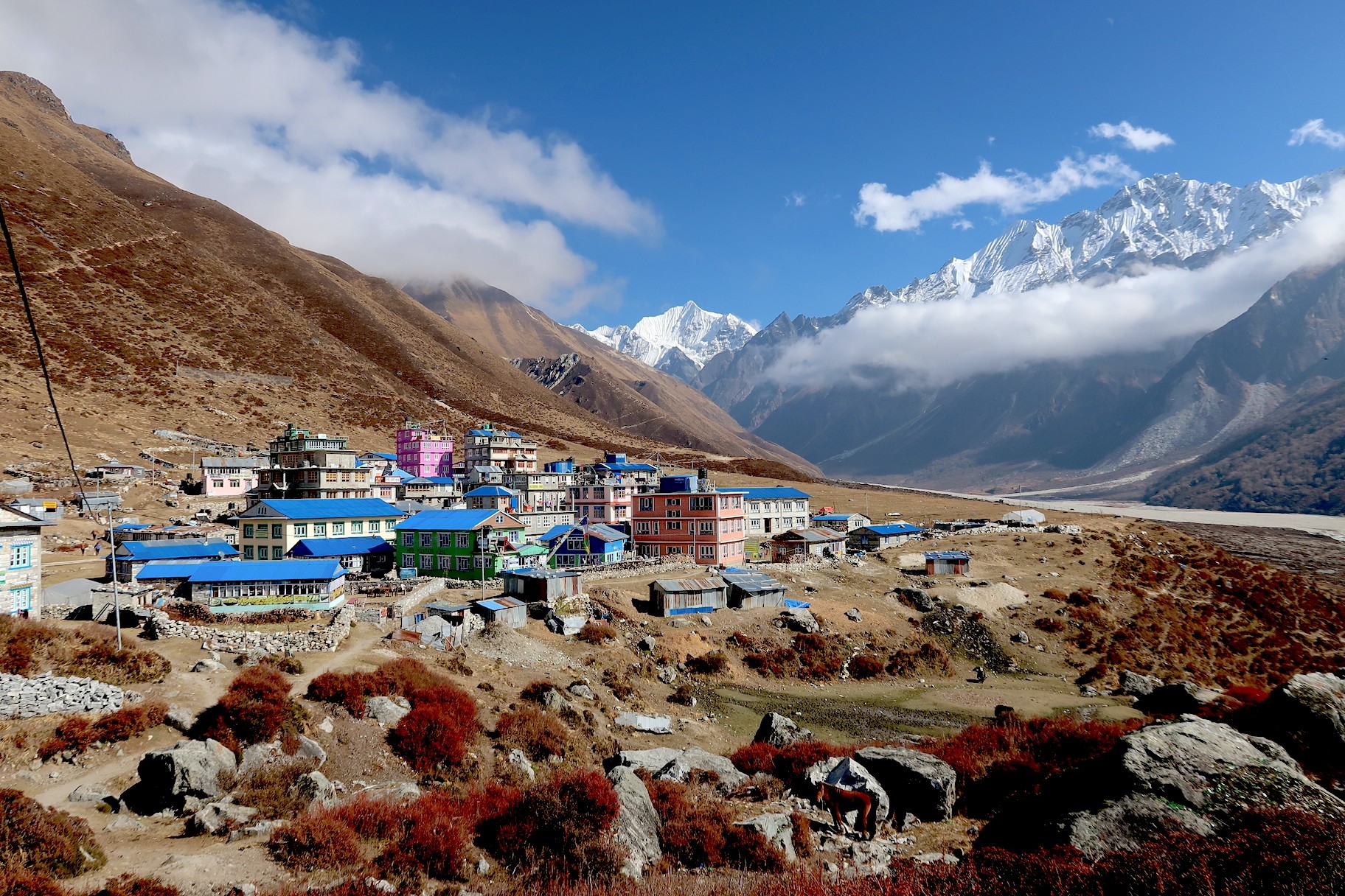  Kyanjin Gompa in October surrounded by snow-capped Langtang Lirung, colorful prayer flags, traditional stone lodges, and crystal-clear blue skies in Langtang National Park, Nepal.