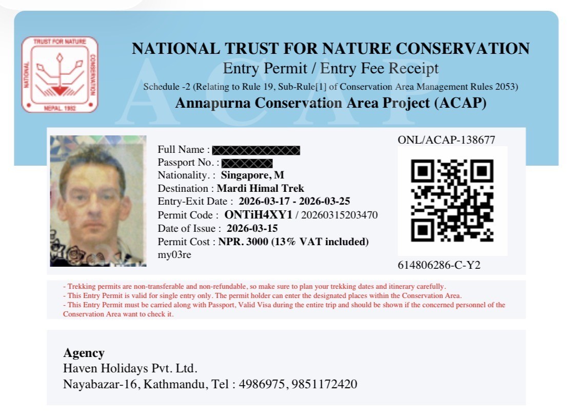 ACAP permit and trekking documents required for the Mardi Himal Trek in Nepal.