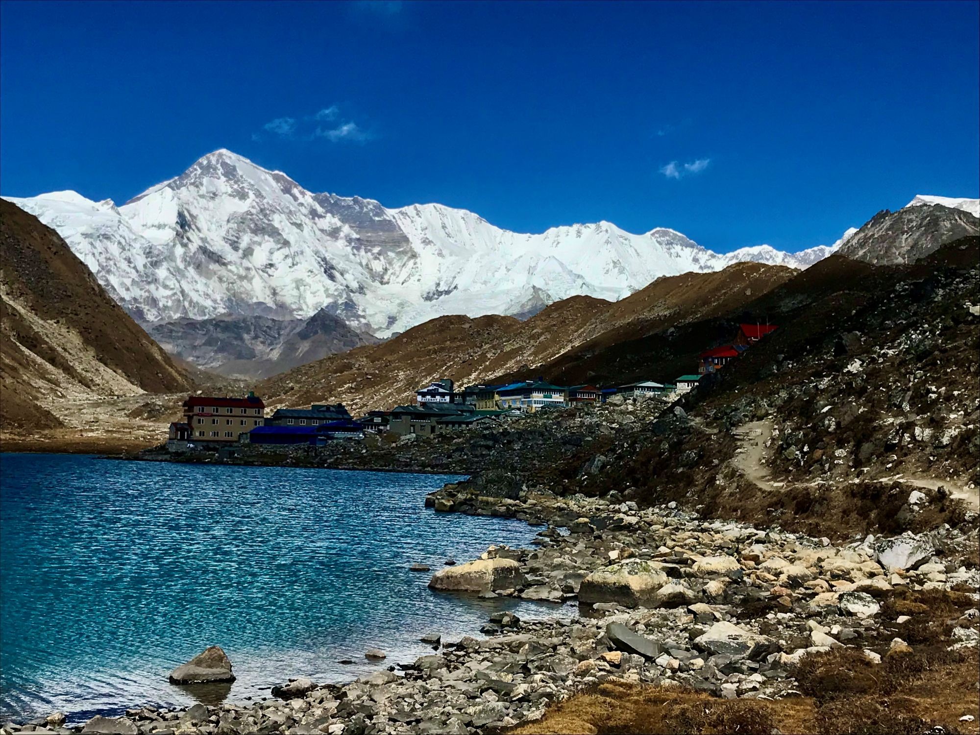 Cho Oyu, the world's sixth-highest mountain, towering above the Gokyo Valley with snow-covered Himalayan peaks and a dramatic alpine landscape.