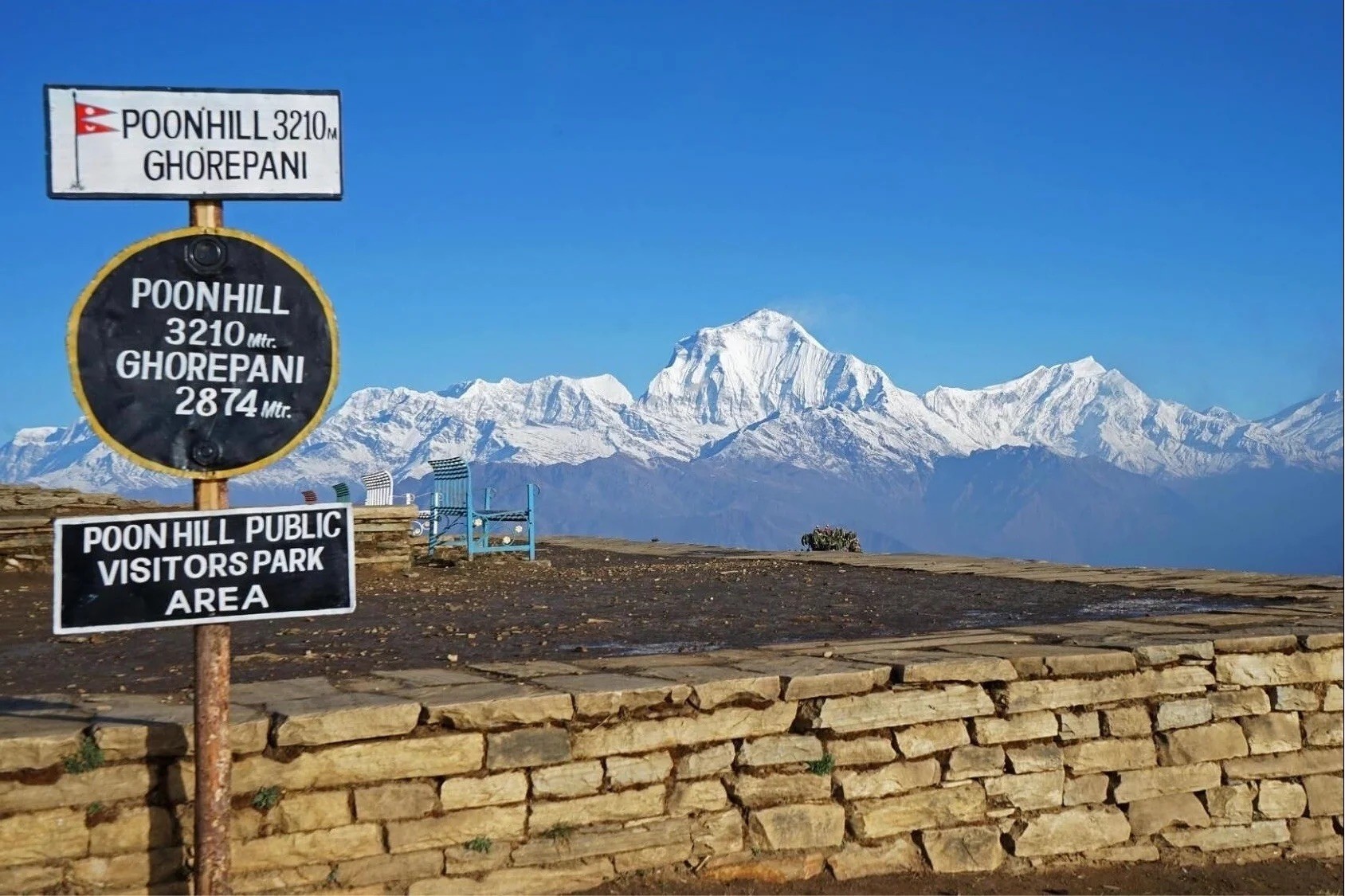 "Poon Hill viewpoint sign at 3,210 meters overlooking the Annapurna and Dhaulagiri mountain ranges under a clear blue sky in Nepal's Annapurna Conservation Area.