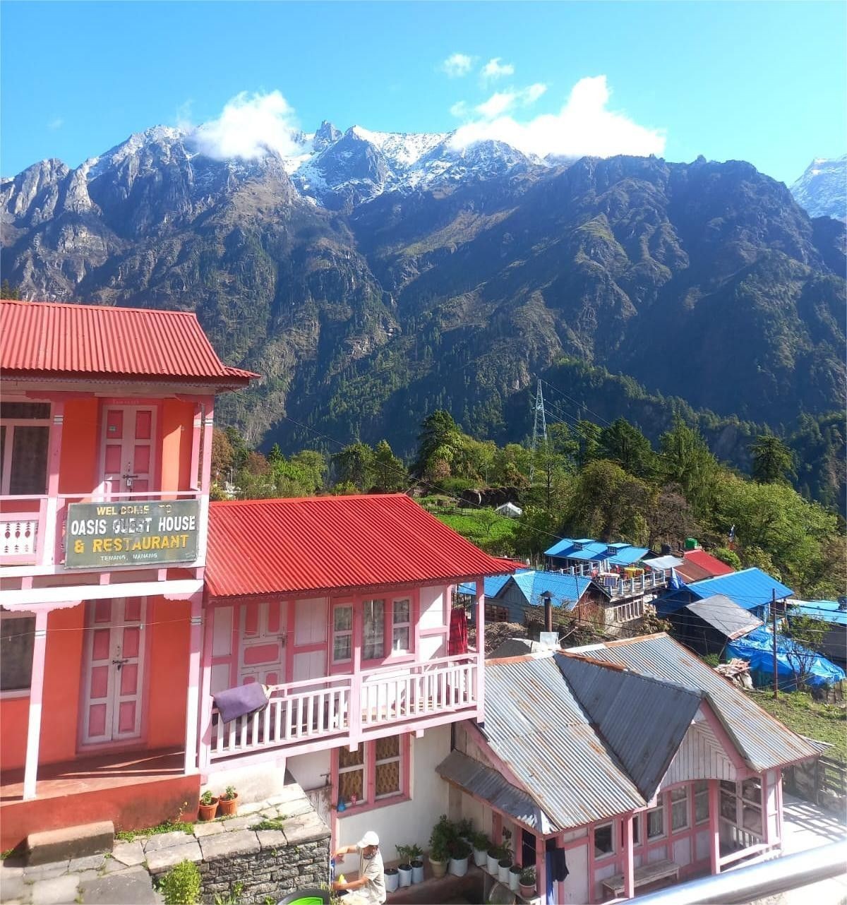 Mountain teahouse lodge in Timang village on Annapurna Circuit Trek Nepal with Himalayan views