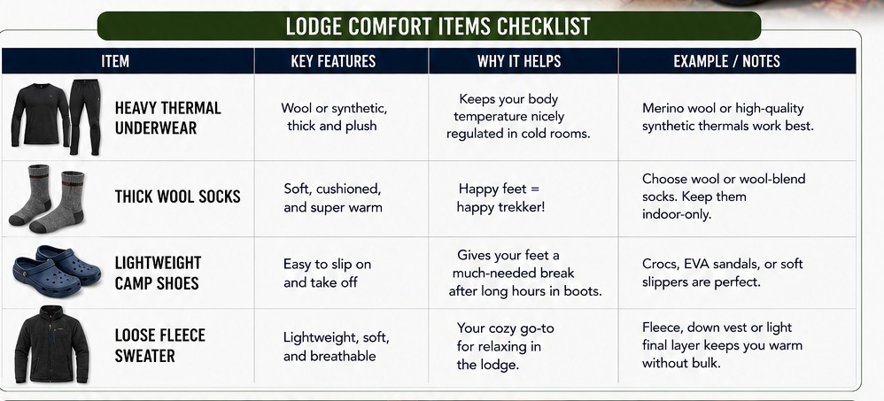 Essential lodge comfort gear for the Manaslu Circuit Trek, including heavy thermal underwear, thick wool socks, lightweight camp shoes, and a cozy fleece sweater inside a warm mountain teahouse.