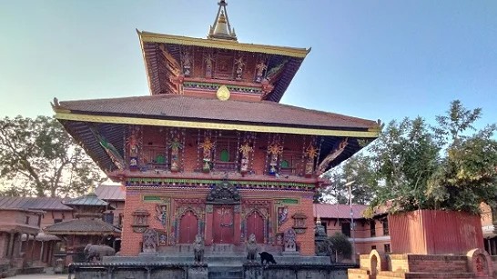 Ancient Changunarayan Temple with traditional pagoda architecture, intricate stone carvings, and historic sculptures in Bhaktapur, Nepal.