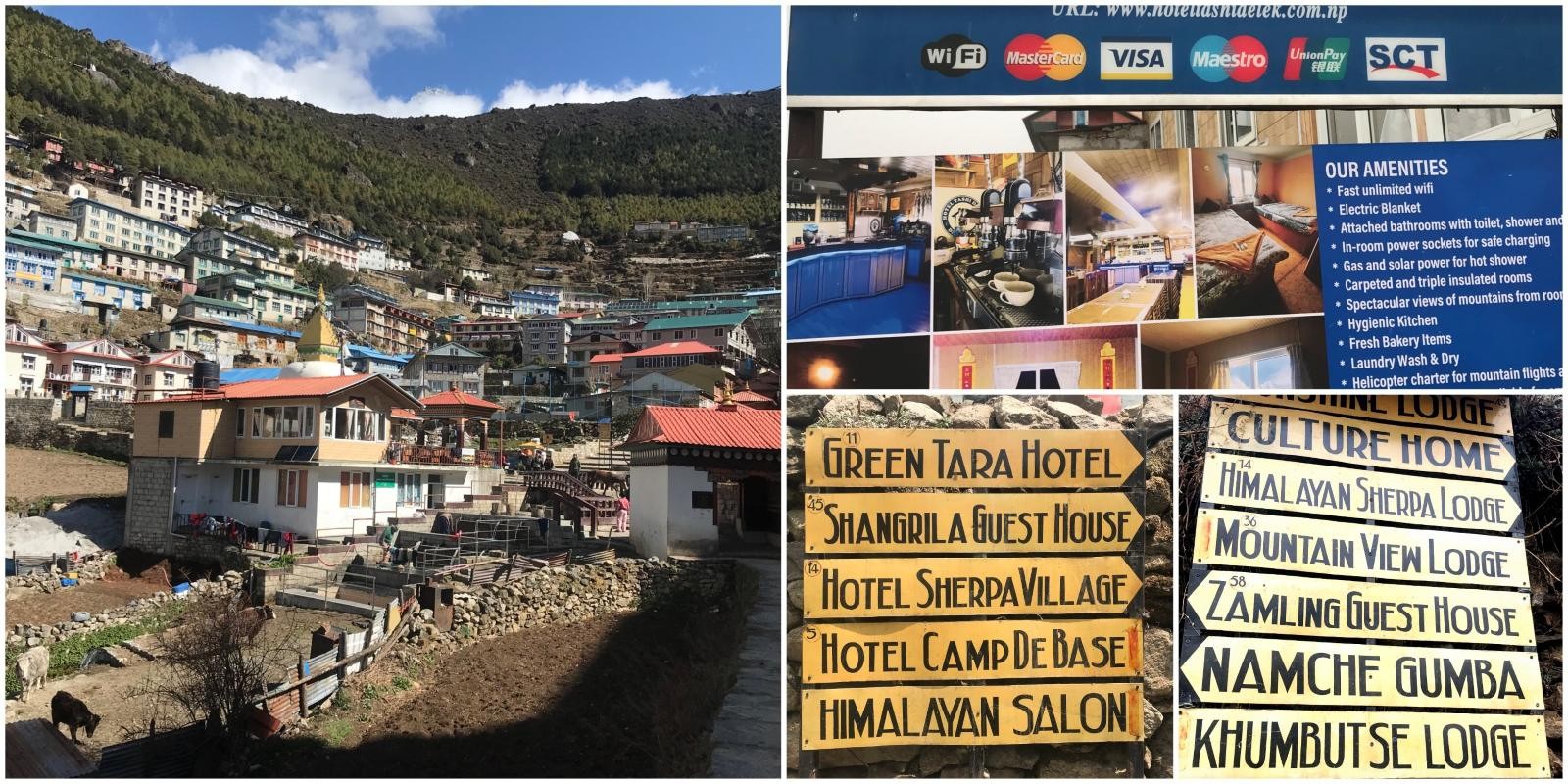Teahouses and lodges in Namche Bazaar, the vibrant gateway to the Everest Base Camp Trek, surrounded by Himalayan mountains and colorful Sherpa buildings.