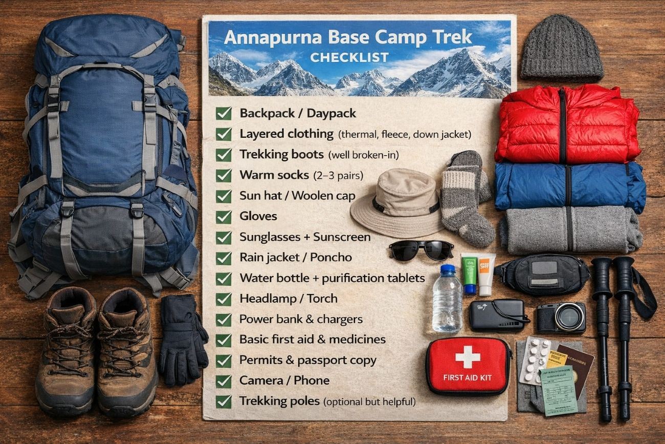 Annapurna Base Camp Trek packing list showing essential trekking gear laid out, including backpack, trekking boots, warm jacket, thermal layers, gloves, sleeping bag, water bottle, and headlamp for high-altitude Himalayan trekking.