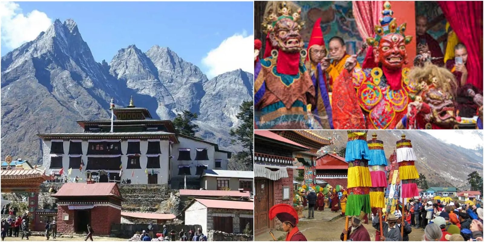 Monks performing sacred masked dances during the Mani Rimdu Festival at Tengboche Monastery, with colorful costumes, Buddhist rituals, prayer flags, and the Himalayan mountains in the background.