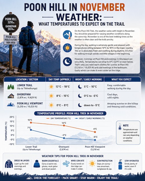 Poon Hill trail in November with trekkers walking under clear blue skies, golden rhododendron forests, and snow-capped Annapurna and Dhaulagiri peaks in cool autumn weather.