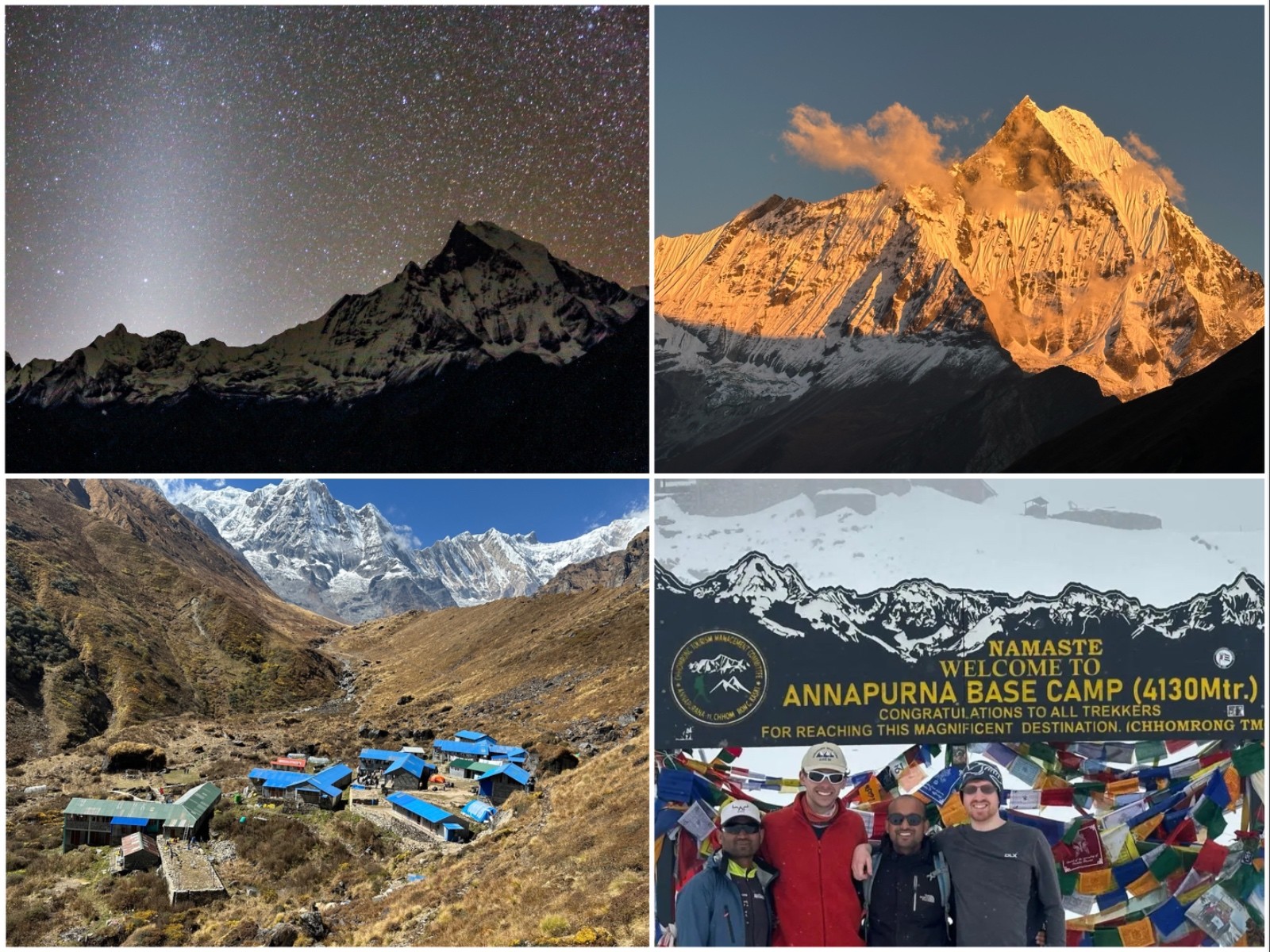 Machhapuchhre Base Camp and Annapurna Base Camp under a star-filled night sky with sunset mountain views.