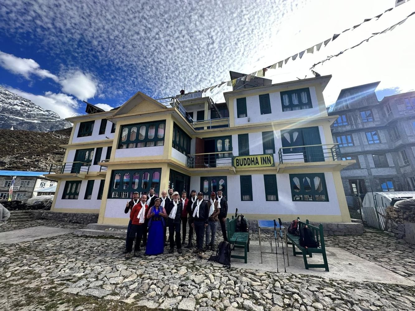 Trekkers relaxing at Buddha Hotel Kyanjin Gompa Langtang region Nepal