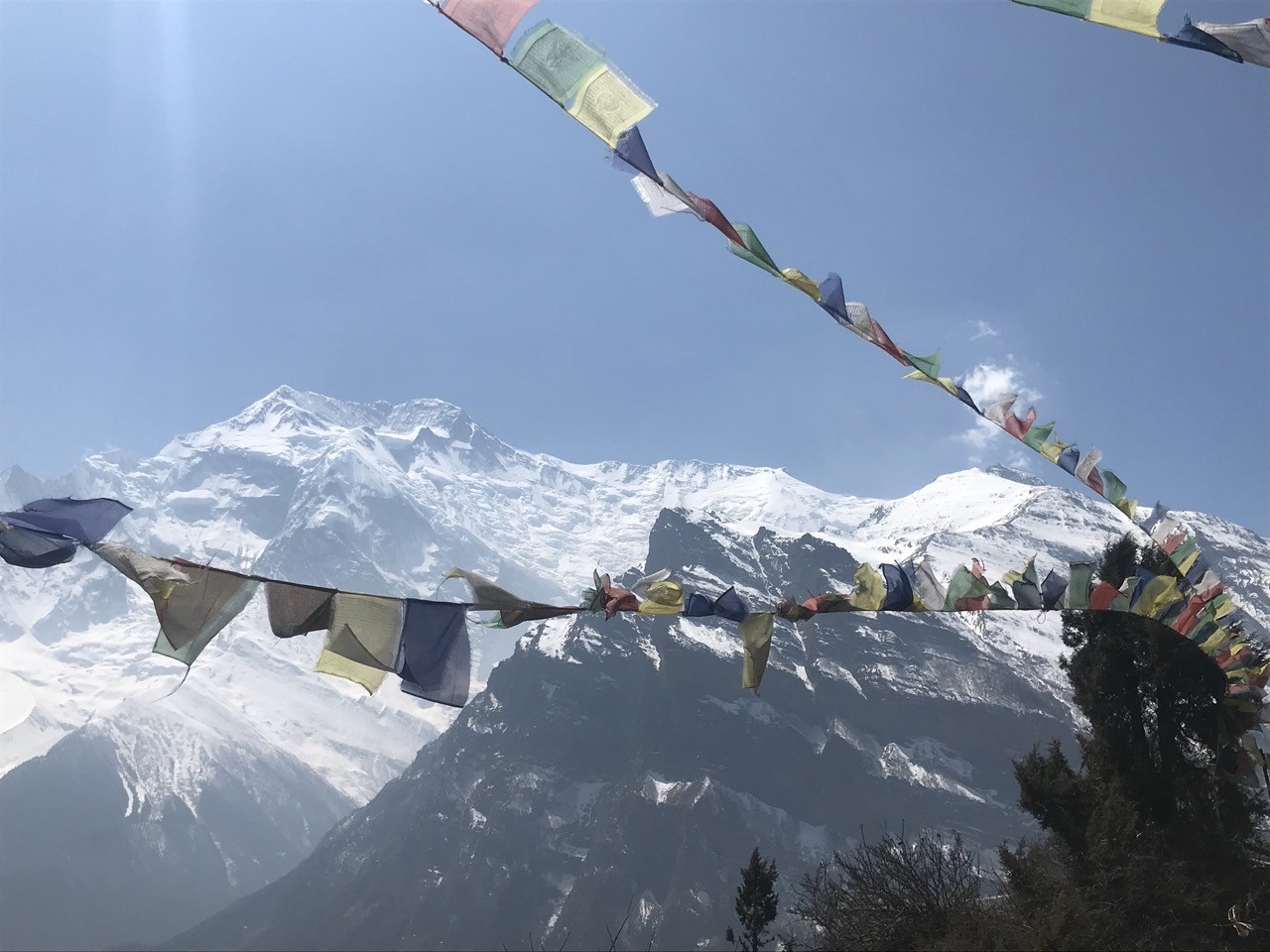 Annapurna II mountain with prayer flags in Manang Valley Nepal Himalaya on Annapurna Circuit Trek