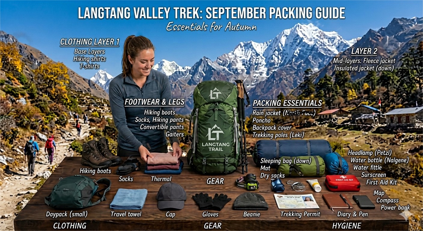 Langtang Trek packing checklist infographic featuring essential trekking gear, clothing, and equipment for September trekking in Nepal.