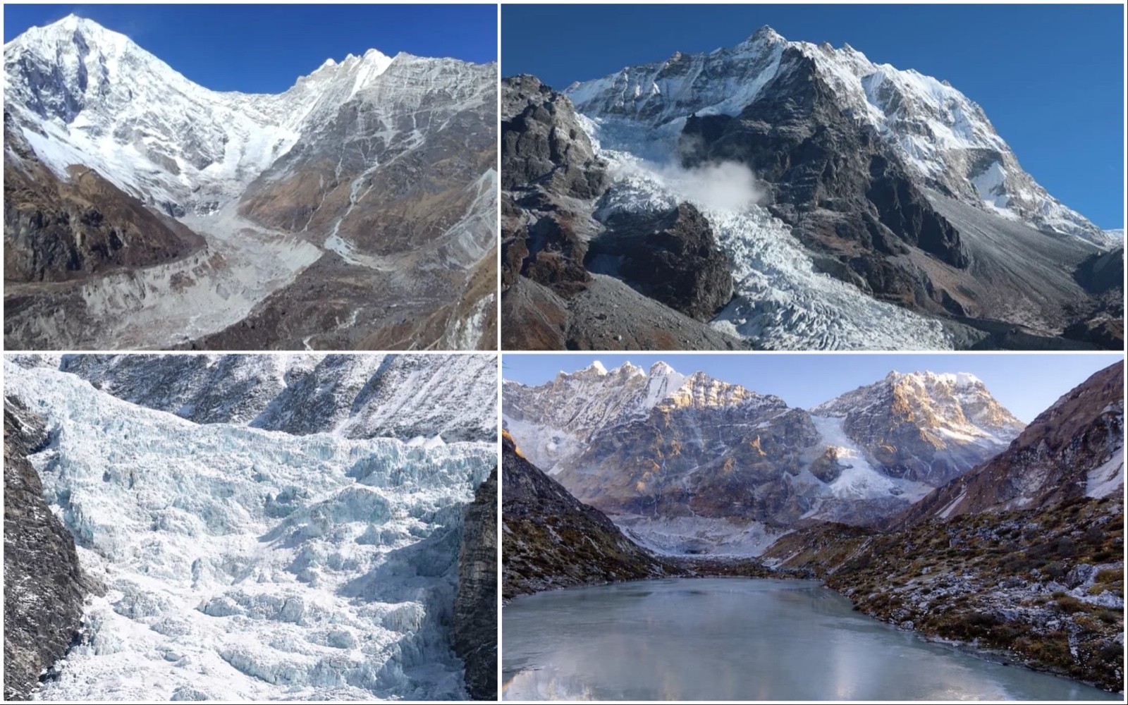 "Trekkers hiking toward the Langtang Lirung Glacier and icefall near Kyanjin Gompa in Langtang Valley, Nepal, surrounded by rugged moraines, glacial terrain, and towering snow-covered Himalayan peaks." 