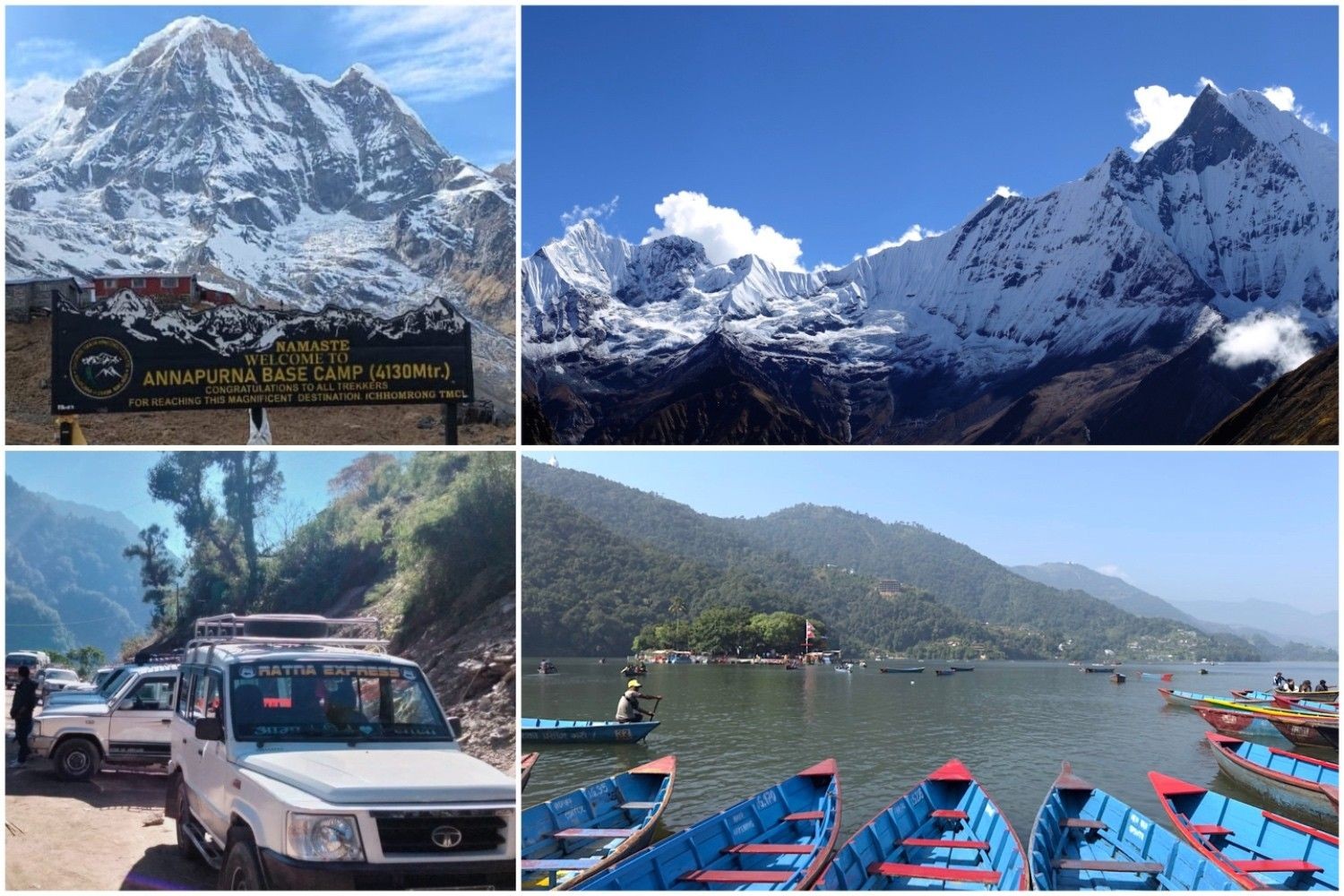Collage of Phewa Lake, a jeep on the mountain road, Machhapuchhre (Fishtail), and Annapurna Base Camp, highlighting the Annapurna Base Camp Trek from Pokhara.