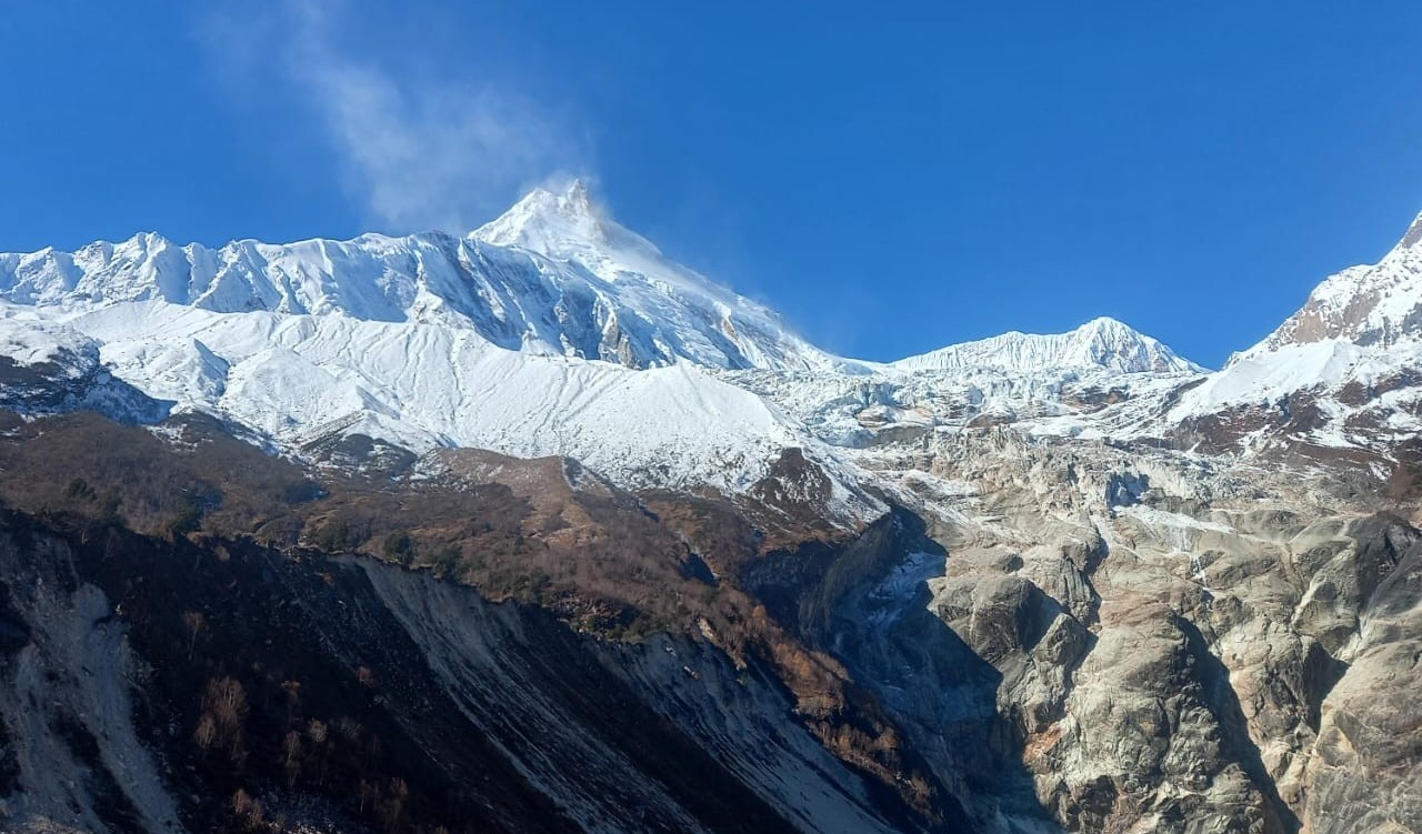Majestic view of Mount Manaslu from trekking route