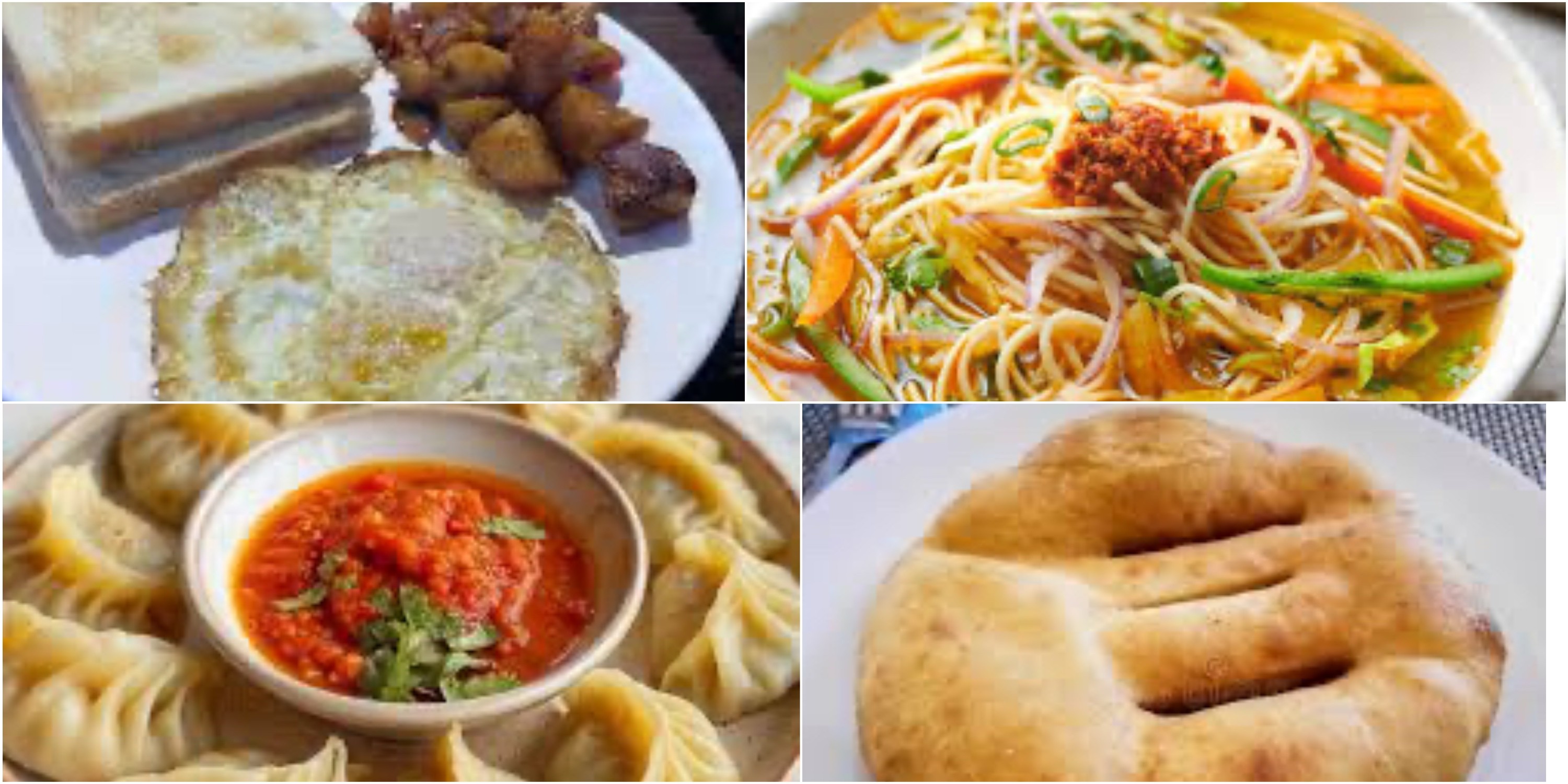 Traditional Himalayan trekking food served in a mountain teahouse, including Dal Bhat, noodles, soup, momos, fried rice, tea, and fresh local meals with beautiful mountain views.