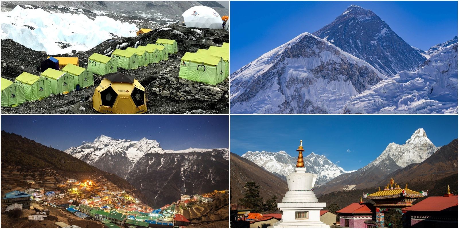 Collage featuring Everest Base Camp expedition tents beside the Khumbu Glacier, Mount Everest, Namche Bazaar at night, and Tengboche Monastery with Ama Dablam, showcasing the highlights of the Everest Base Camp Trek