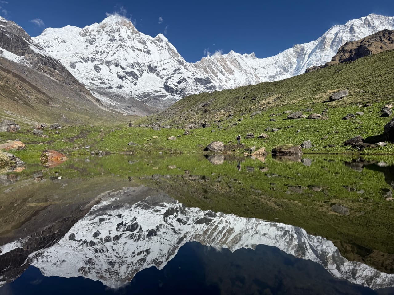 Green alpine landscape and tranquil mountain lake reflecting snow-capped Himalayan peaks in September.
