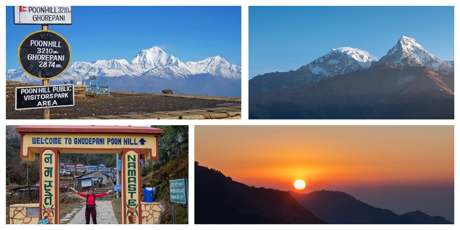 Panoramic sunrise view from Poon Hill overlooking the Annapurna and Dhaulagiri mountain ranges during the Ghorepani Poon Hill Trek in Nepal.