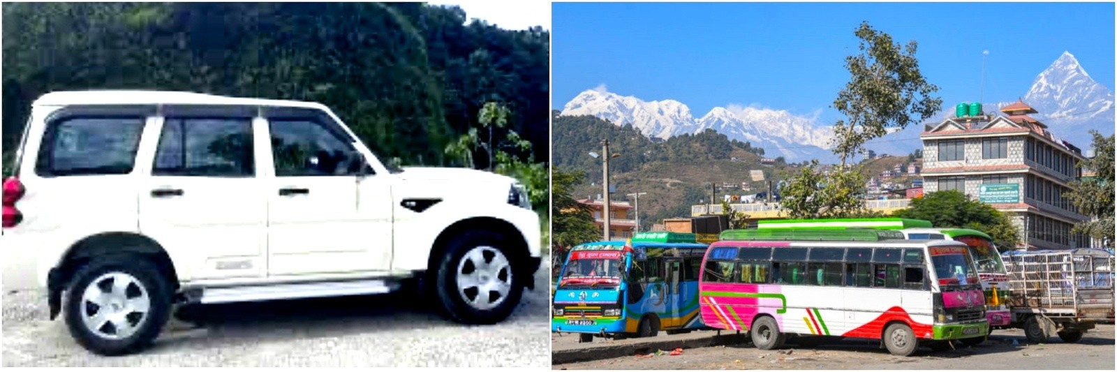 Private jeep and local bus traveling toward Ulleri, the gateway to Poon Hill, along a scenic mountain road with terraced hills, forests, and Himalayan landscapes in the Annapurna region.