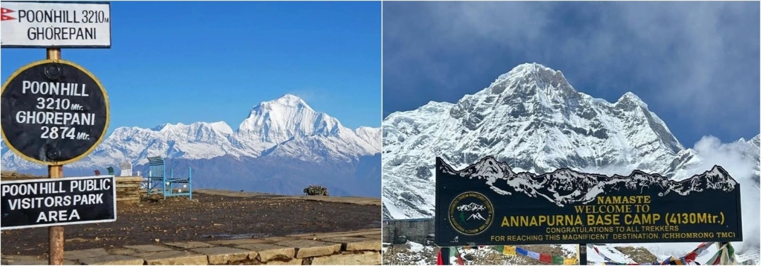 Poon Hill viewpoint and Annapurna Base Camp welcome sign showcasing the classic Annapurna Base Camp Trek via Poon Hill, with breathtaking views of Dhaulagiri, Annapurna I, Machhapuchhre, and the Annapurna Sanctuary in Nepal.
