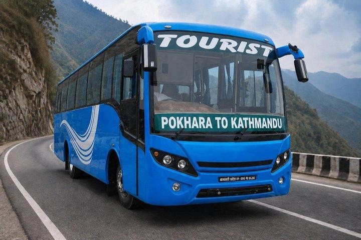Tourist bus from Pokhara to Kathmandu Nepal highway travel through scenic landscapes