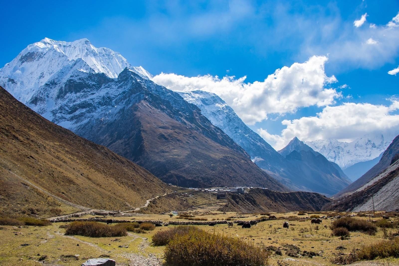 Manaslu Circuit trail through a Himalayan village with snow-capped mountains.